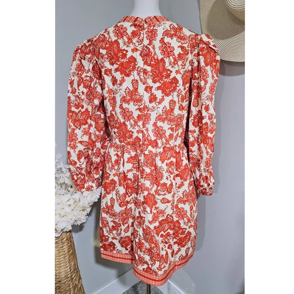 Avara Malanie Orange Allover Floral Print Cotton Puff Sleeve Fall Dress - Picture 3 of 9
